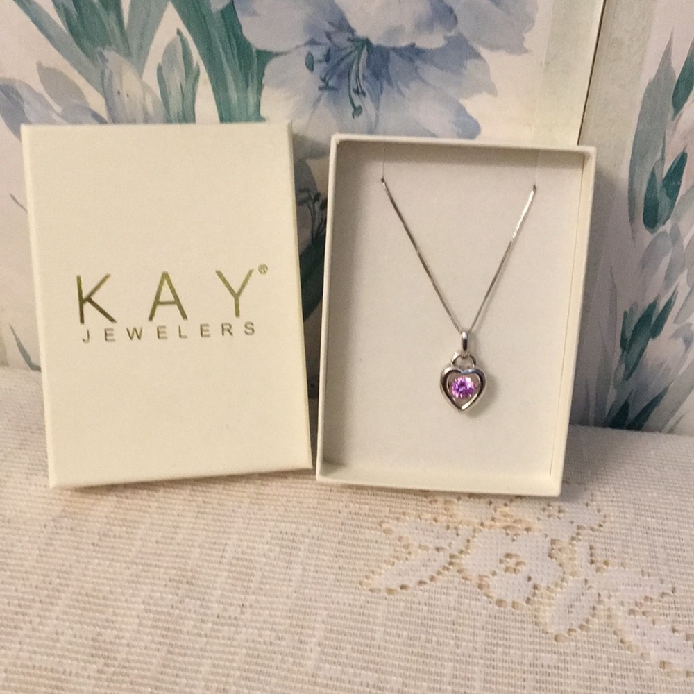 Kay Jewelers Silver Heart Pendant Necklace with Pink Stone